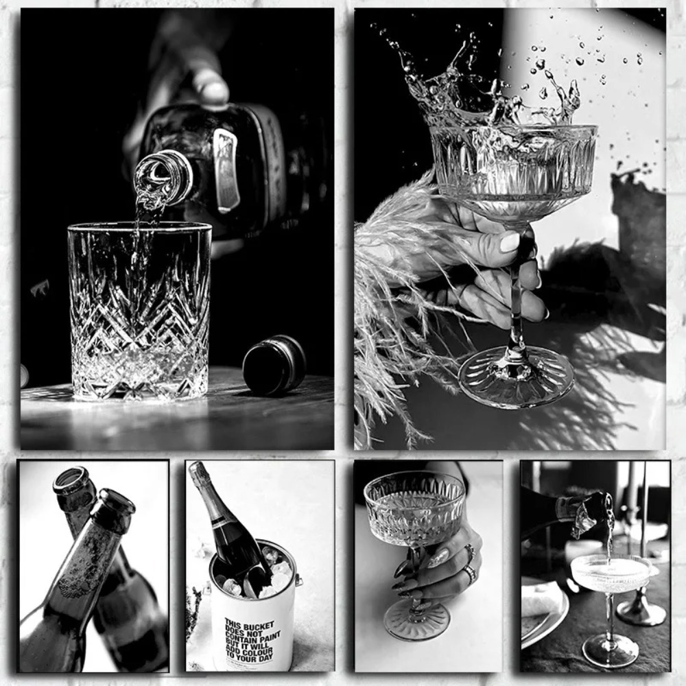 Whisky Beer And Wine - Schwarz-Weiß-Bar Champagner Bier Weinglas Whisky High-Definition-Poster