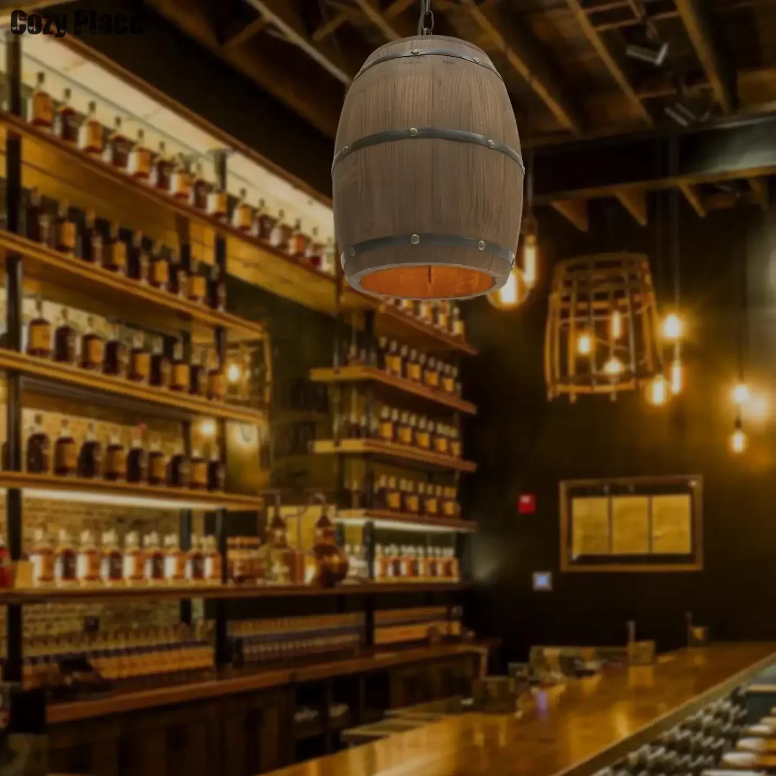 Wine & Beer Guayaquil - Rustikale Lampe Vintage Kronleuchter Holz-Pendelleuchte Weinfass-Hängelampe